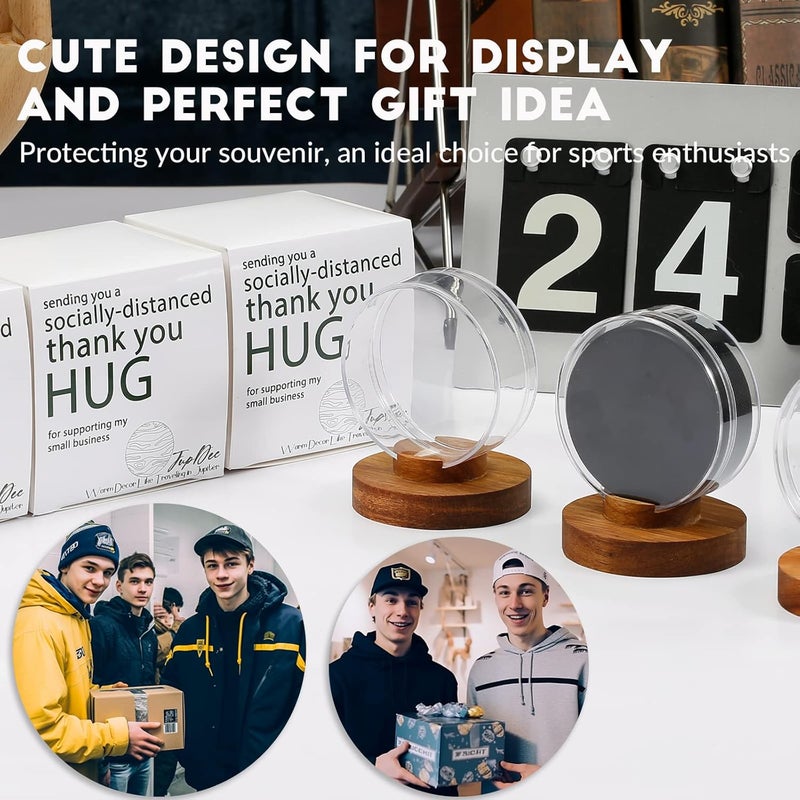 JupDec Hockey Puck Display Case Acrylic Clear Holder with Wood Base, Autograph Souvenir Display Stand, Perfect Showcase for Your Collection, Brown, 2 Pack - Image 5